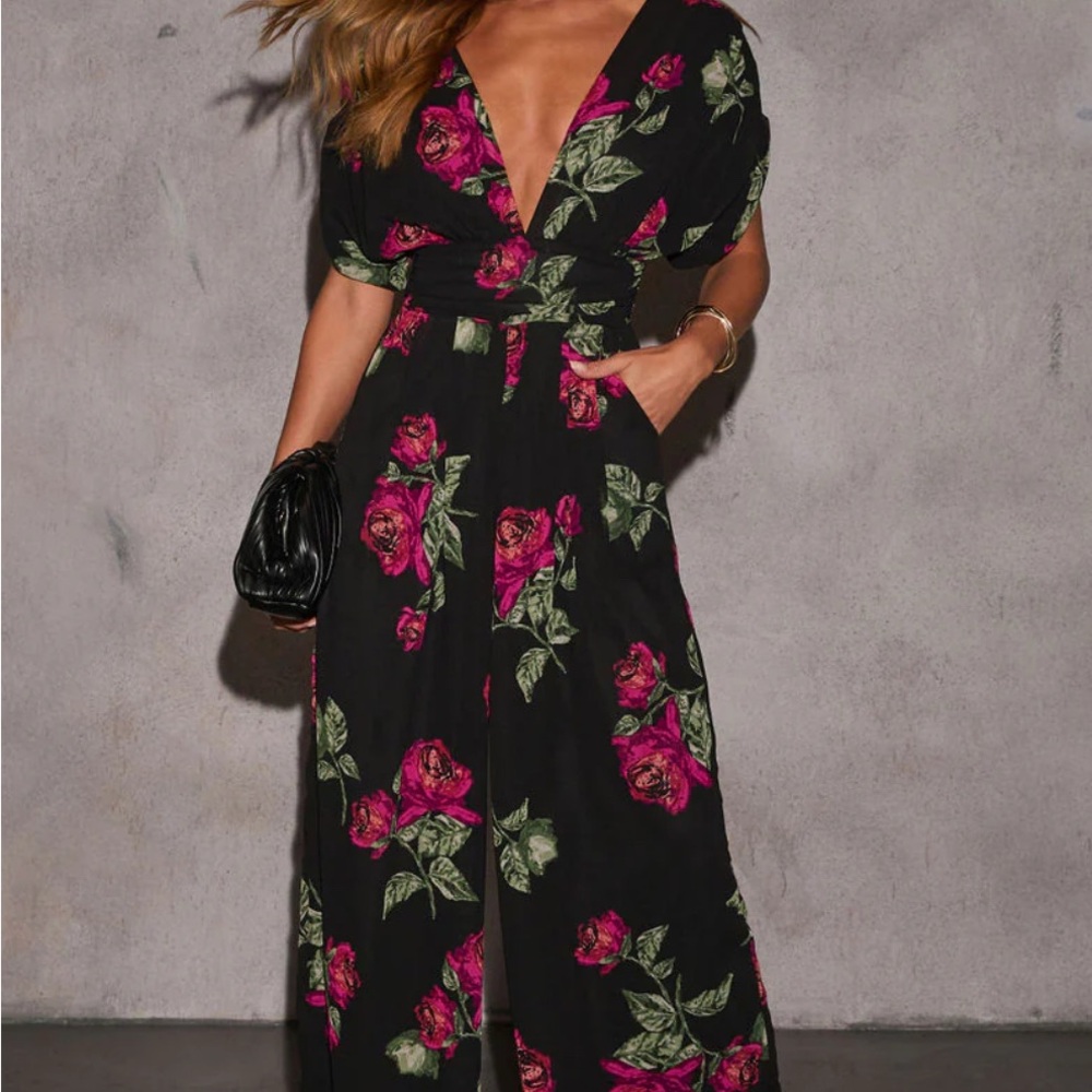 Vici Black Jumpsuit with Pink Floral Design